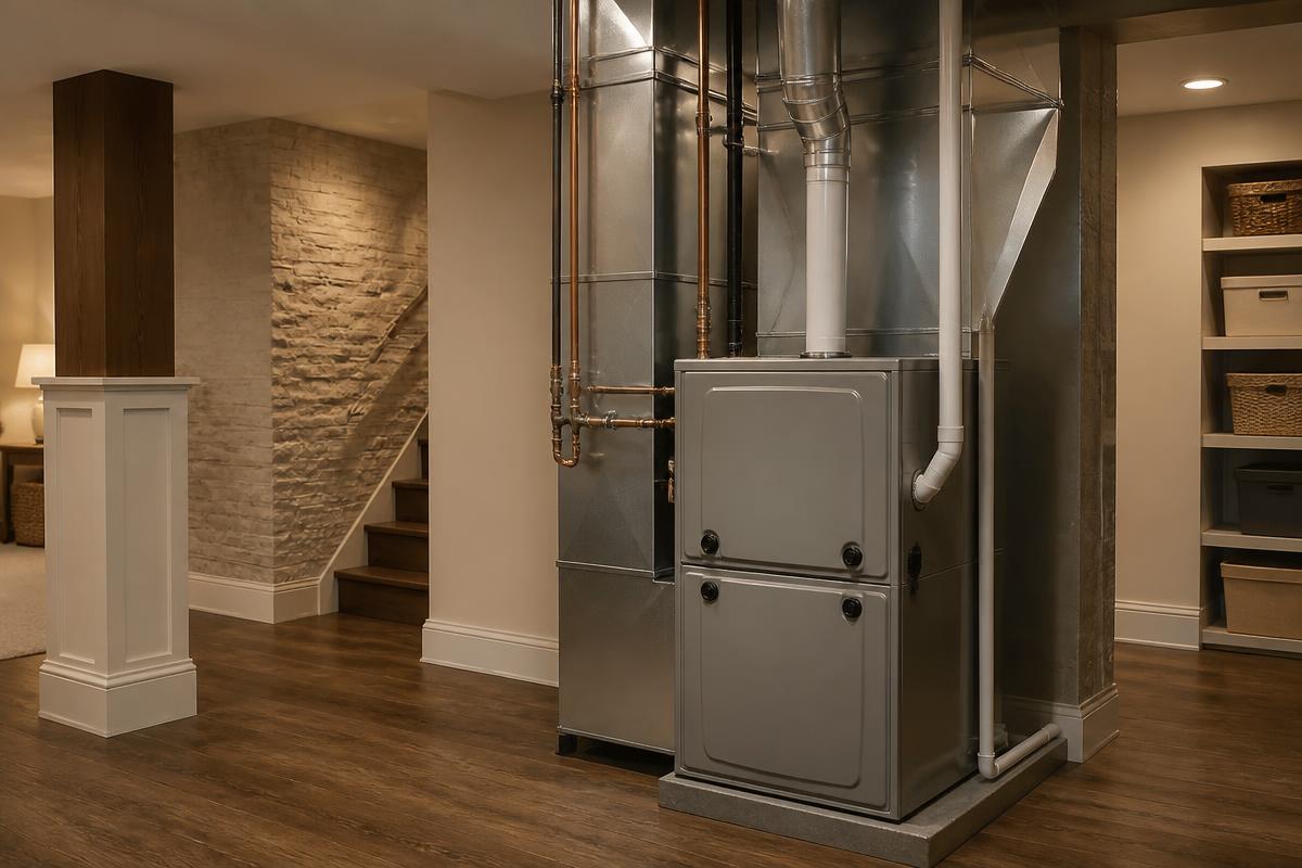 High-efficiency gas furnace installed in a finished basement