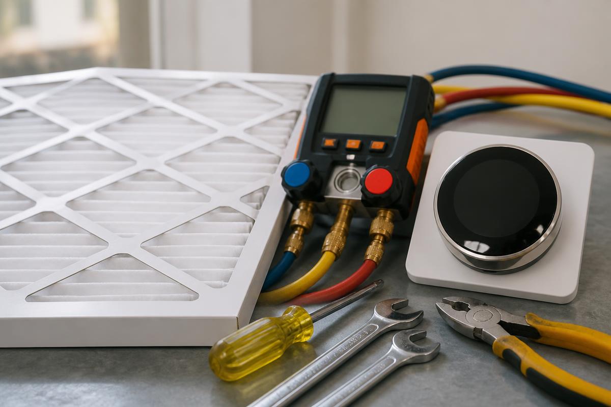 HVAC maintenance tools, air filter, gauges and a thermostat on a workbench